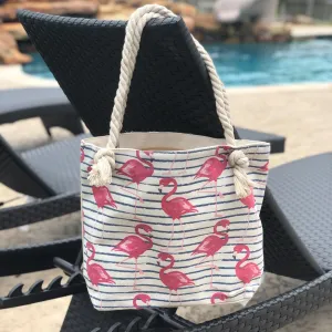 Flamingo & Navy Stripe Tote Bag