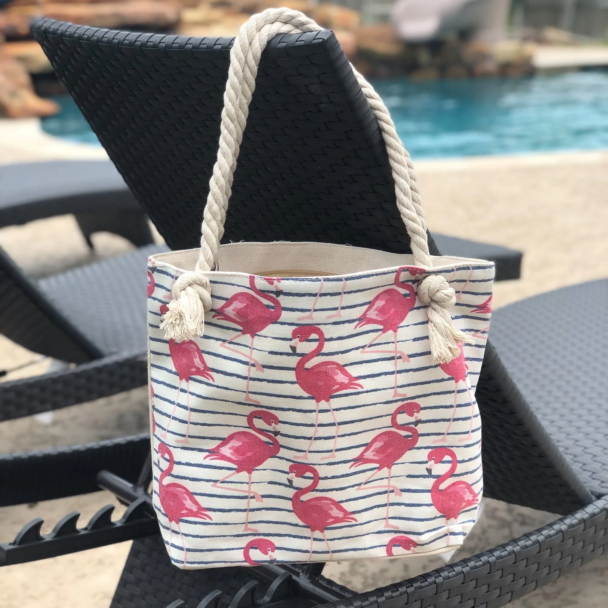 Flamingo & Navy Stripe Tote Bag