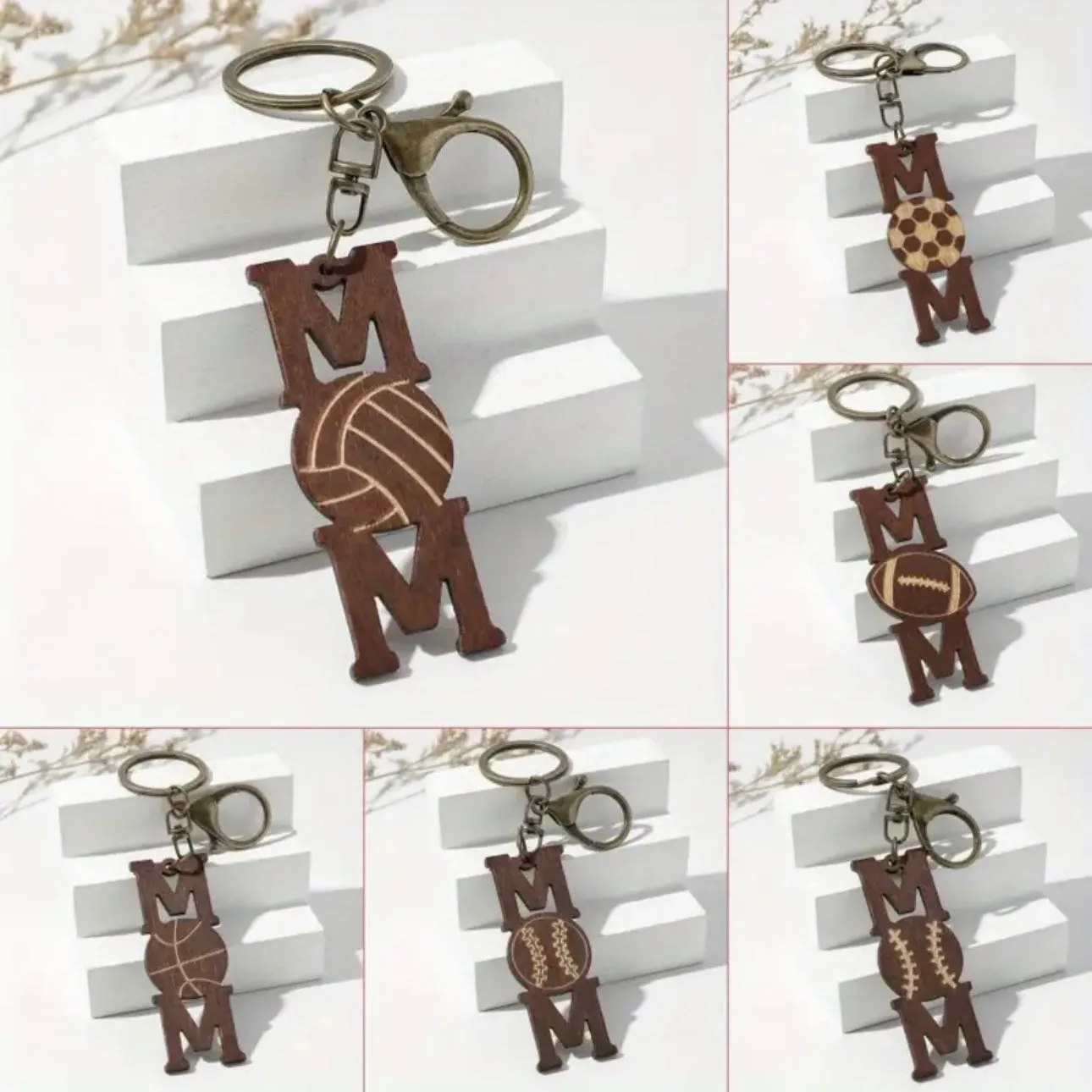 Football MOM Wooden Keychain