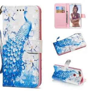 For HUAWEI honor 7C / Enjoy 8/Y7PRIME 2018/Y7 PRO 2018/NOVA2 LITE 3D Coloured Painted PU Magnetic Clasp Phone Case with Card Slots Bracket Lanyard Blue peacock