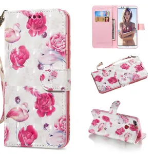 For HUAWEI honor 7C / Enjoy 8/Y7PRIME 2018/Y7 PRO 2018/NOVA2 LITE 3D Coloured Painted PU Magnetic Clasp Phone Case with Card Slots Bracket Lanyard Flamingo