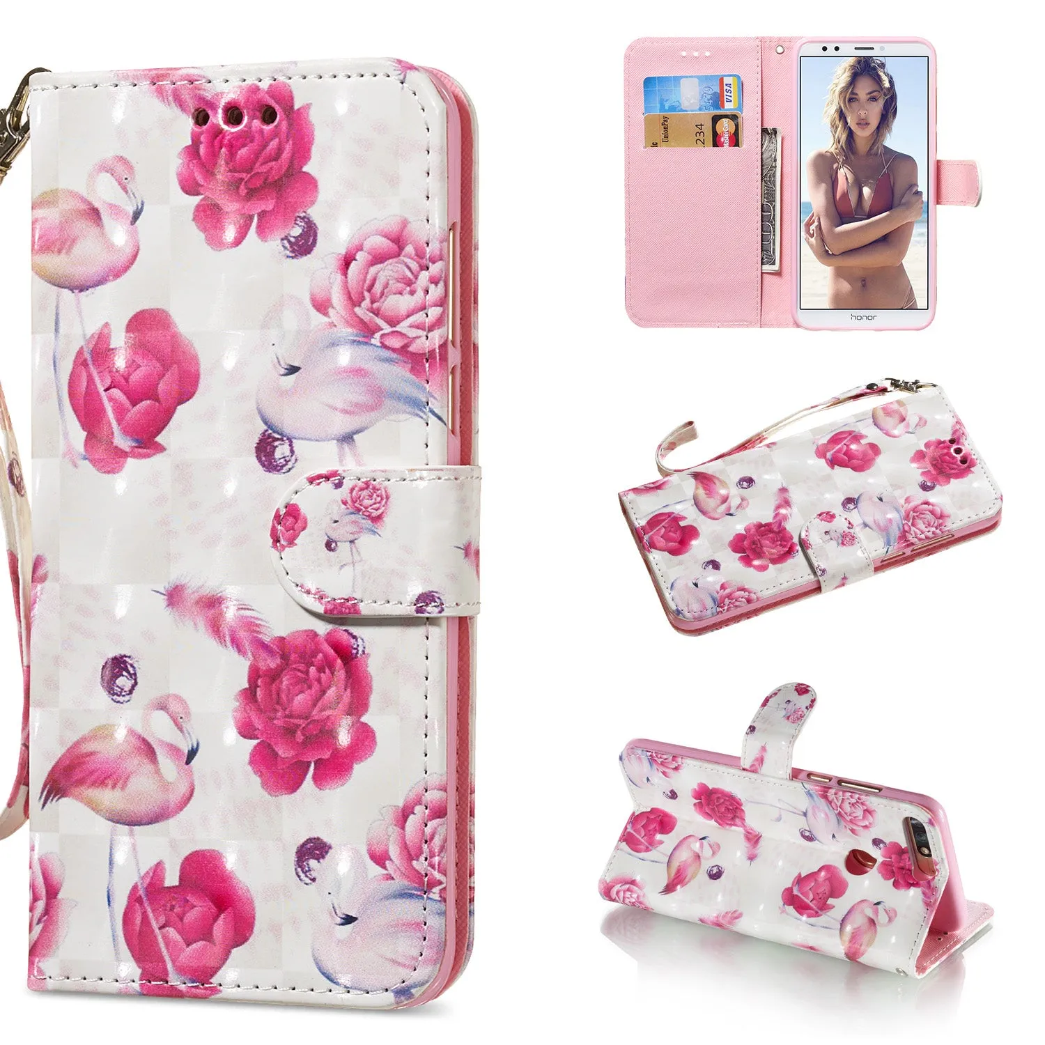 For HUAWEI honor 7C / Enjoy 8/Y7PRIME 2018/Y7 PRO 2018/NOVA2 LITE 3D Coloured Painted PU Magnetic Clasp Phone Case with Card Slots Bracket Lanyard Flamingo