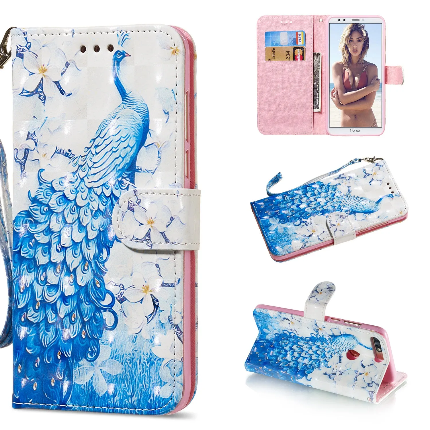 For HUAWEI honor 7C / Enjoy 8/Y7PRIME 2018/Y7 PRO 2018/NOVA2 LITE 3D Coloured Painted PU Magnetic Clasp Phone Case with Card Slots Bracket Lanyard Flamingo