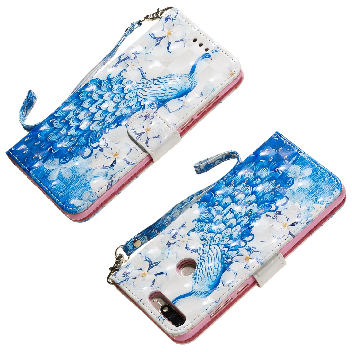 For HUAWEI honor 7C / Enjoy 8/Y7PRIME 2018/Y7 PRO 2018/NOVA2 LITE 3D Coloured Painted PU Magnetic Clasp Phone Case with Card Slots Bracket Lanyard Flamingo