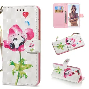 For HUAWEI honor 7C / Enjoy 8/Y7PRIME 2018/Y7 PRO 2018/NOVA2 LITE 3D Coloured Painted PU Magnetic Clasp Phone Case with Card Slots Bracket Lanyard Flower panda