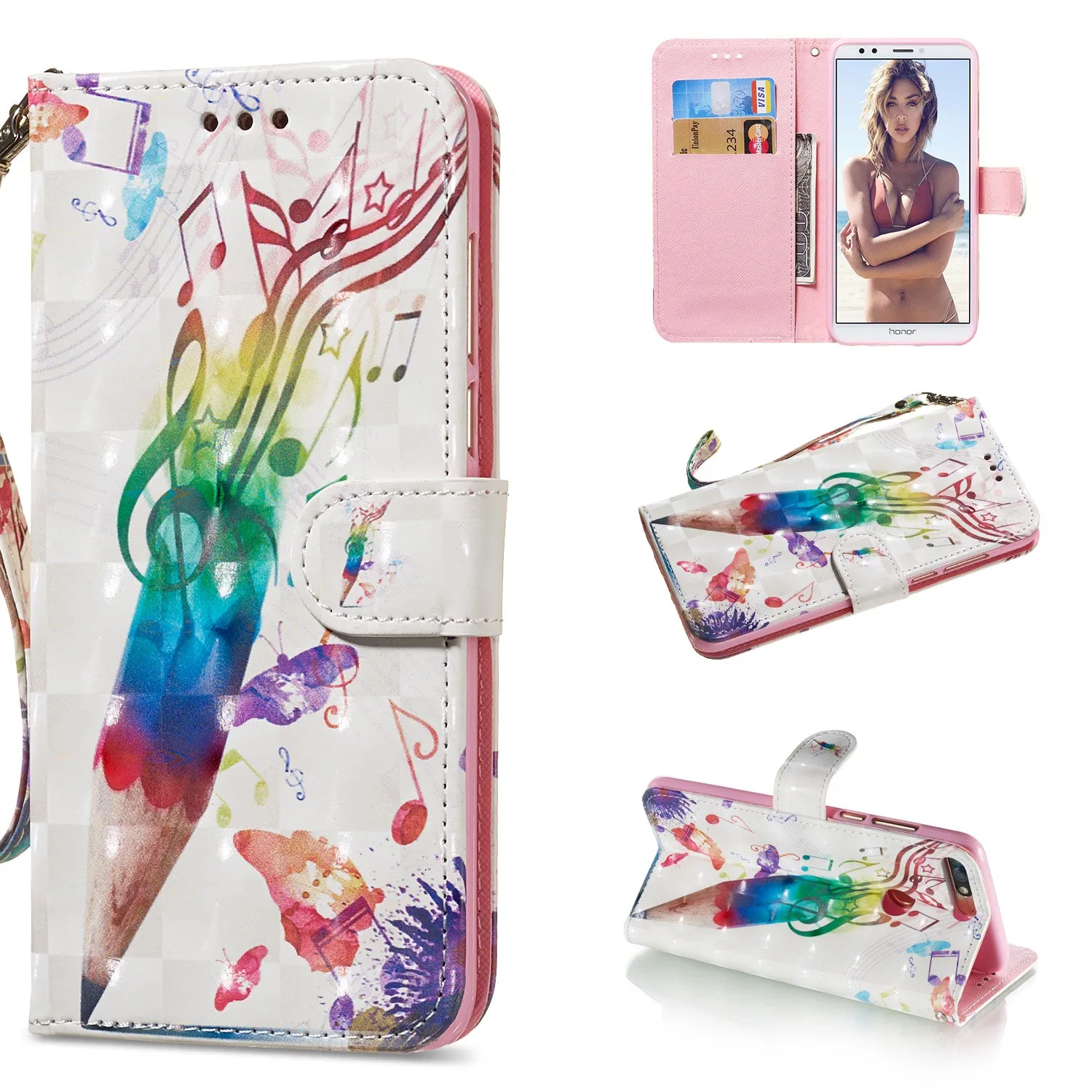 For HUAWEI honor 7C / Enjoy 8/Y7PRIME 2018/Y7 PRO 2018/NOVA2 LITE 3D Coloured Painted PU Magnetic Clasp Phone Case with Card Slots Bracket Lanyard Music pen