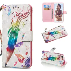 For HUAWEI honor 7C / Enjoy 8/Y7PRIME 2018/Y7 PRO 2018/NOVA2 LITE 3D Coloured Painted PU Magnetic Clasp Phone Case with Card Slots Bracket Lanyard Music pen