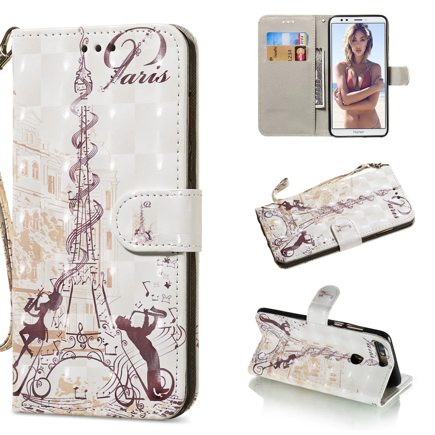 For HUAWEI honor 7C / Enjoy 8/Y7PRIME 2018/Y7 PRO 2018/NOVA2 LITE 3D Coloured Painted PU Magnetic Clasp Phone Case with Card Slots Bracket Lanyard Tower couple