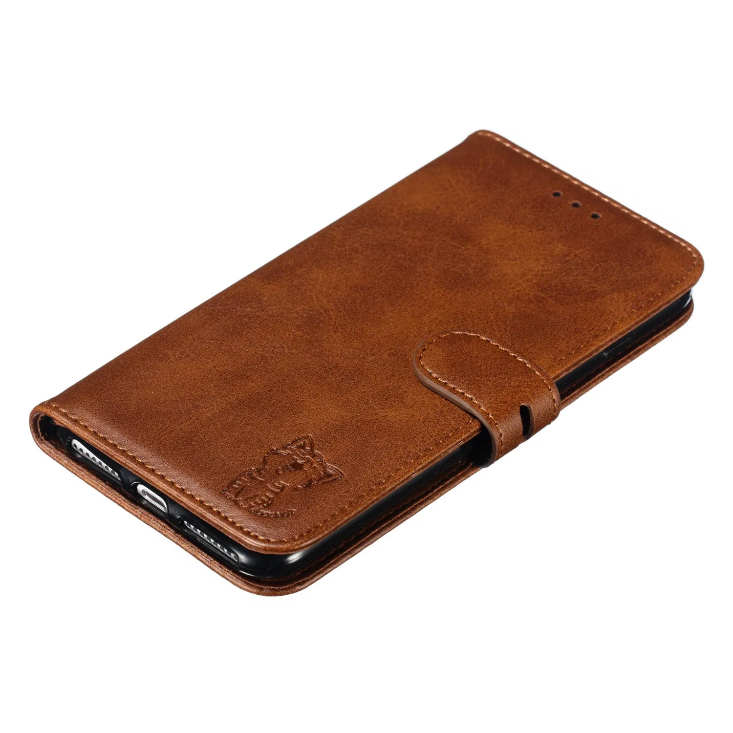 For iPhone 6 plus/6S plus/7 plus/8 plus Wallet-type Cute Cartoon Embossed Happy Cat PU Leather Protective Phone Case with Buckle & Bracket brown