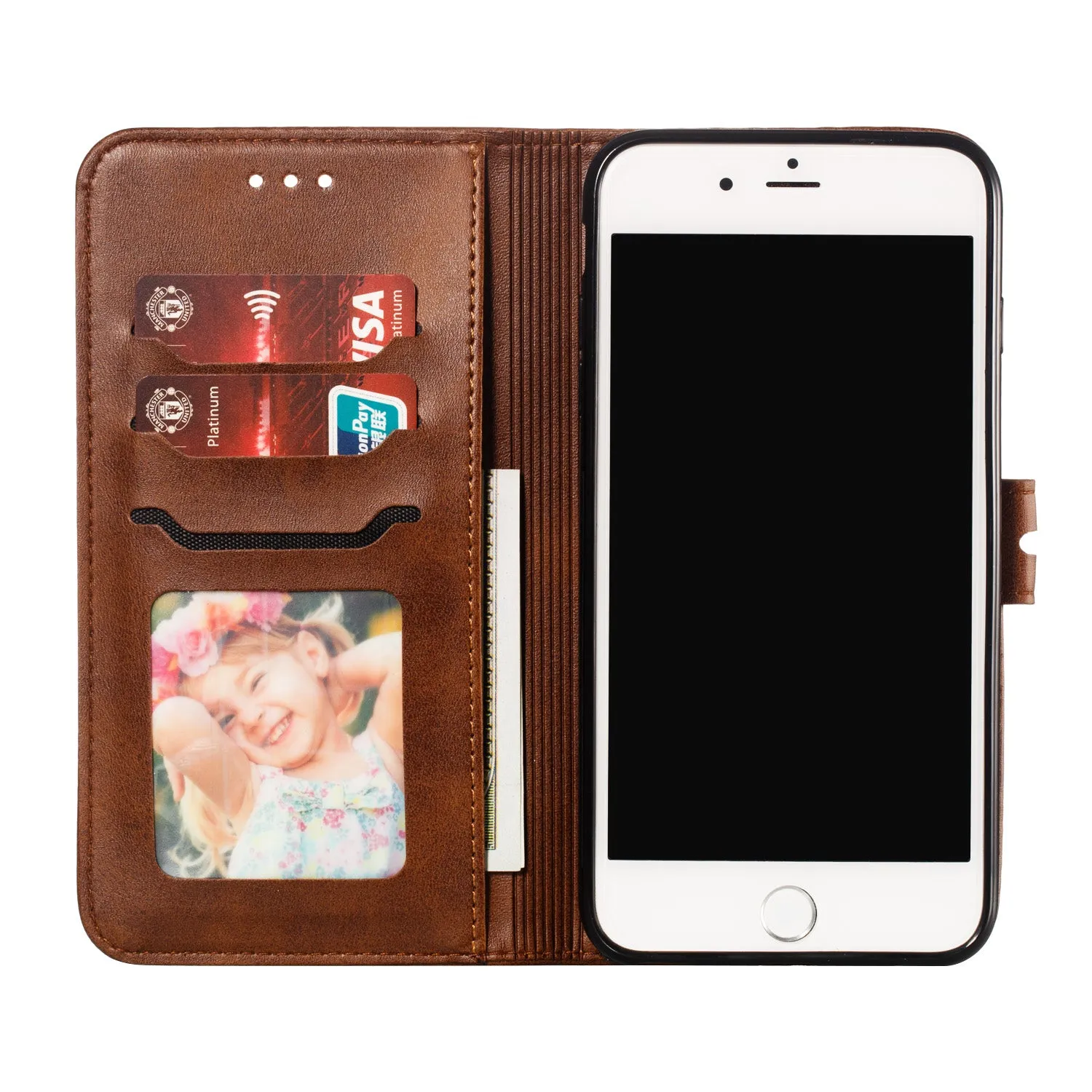 For iPhone 6 plus/6S plus/7 plus/8 plus Wallet-type Cute Cartoon Embossed Happy Cat PU Leather Protective Phone Case with Buckle & Bracket brown