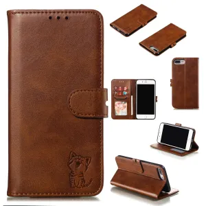 For iPhone 6 plus/6S plus/7 plus/8 plus Wallet-type Cute Cartoon Embossed Happy Cat PU Leather Protective Phone Case with Buckle & Bracket brown