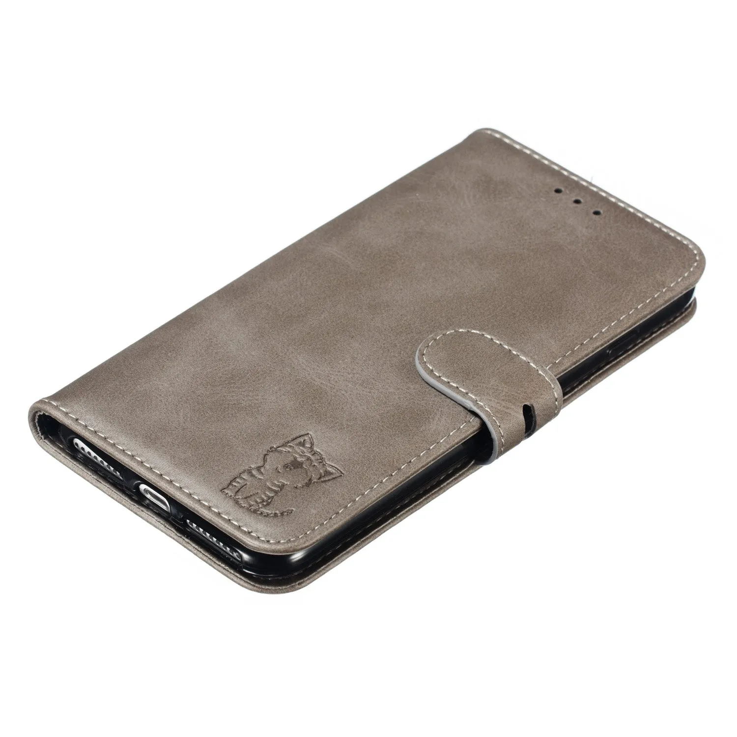 For iPhone 6 plus/6S plus/7 plus/8 plus Wallet-type Cute Cartoon Embossed Happy Cat PU Leather Protective Phone Case with Buckle & Bracket gray