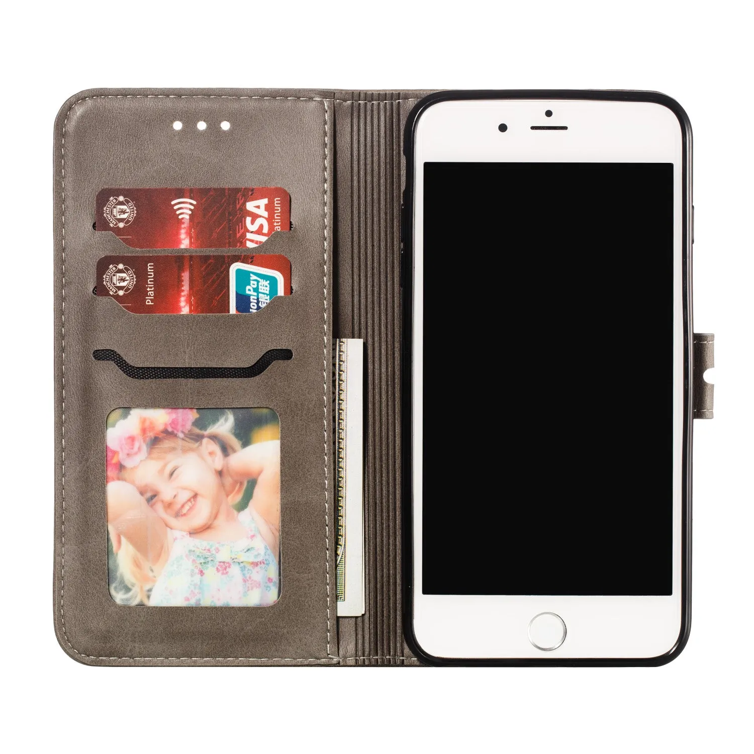 For iPhone 6 plus/6S plus/7 plus/8 plus Wallet-type Cute Cartoon Embossed Happy Cat PU Leather Protective Phone Case with Buckle & Bracket gray