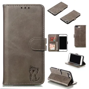 For iPhone 6 plus/6S plus/7 plus/8 plus Wallet-type Cute Cartoon Embossed Happy Cat PU Leather Protective Phone Case with Buckle & Bracket gray