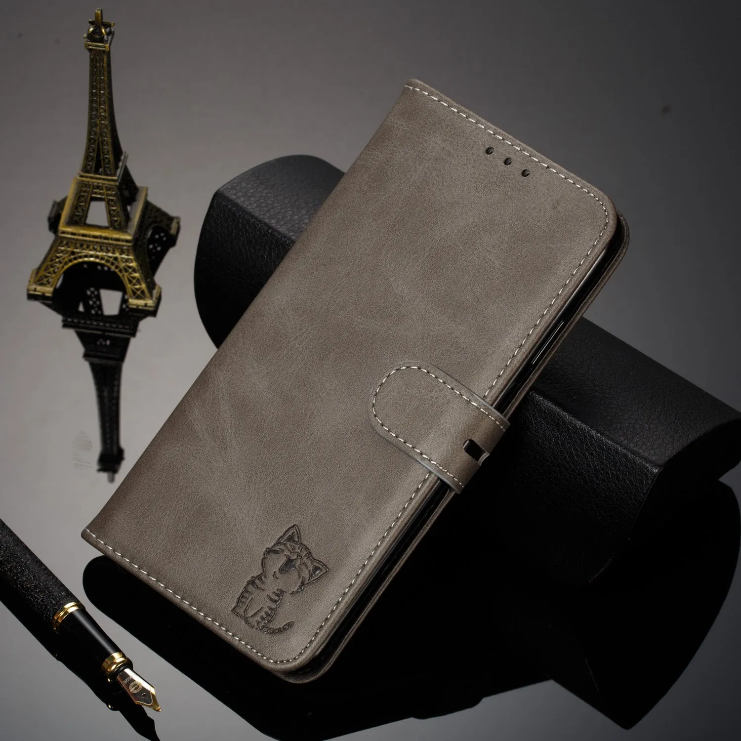 For iPhone 6 plus/6S plus/7 plus/8 plus Wallet-type Cute Cartoon Embossed Happy Cat PU Leather Protective Phone Case with Buckle & Bracket gray