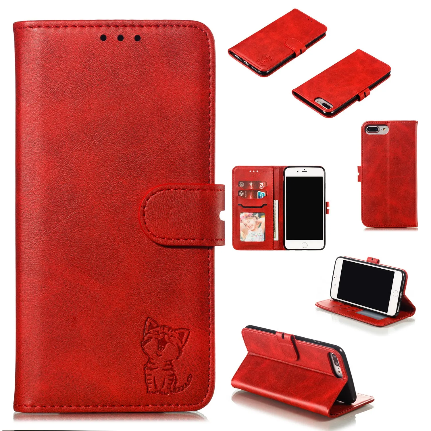 For iPhone 6 plus/6S plus/7 plus/8 plus Wallet-type Cute Cartoon Embossed Happy Cat PU Leather Protective Phone Case with Buckle & Bracket gray