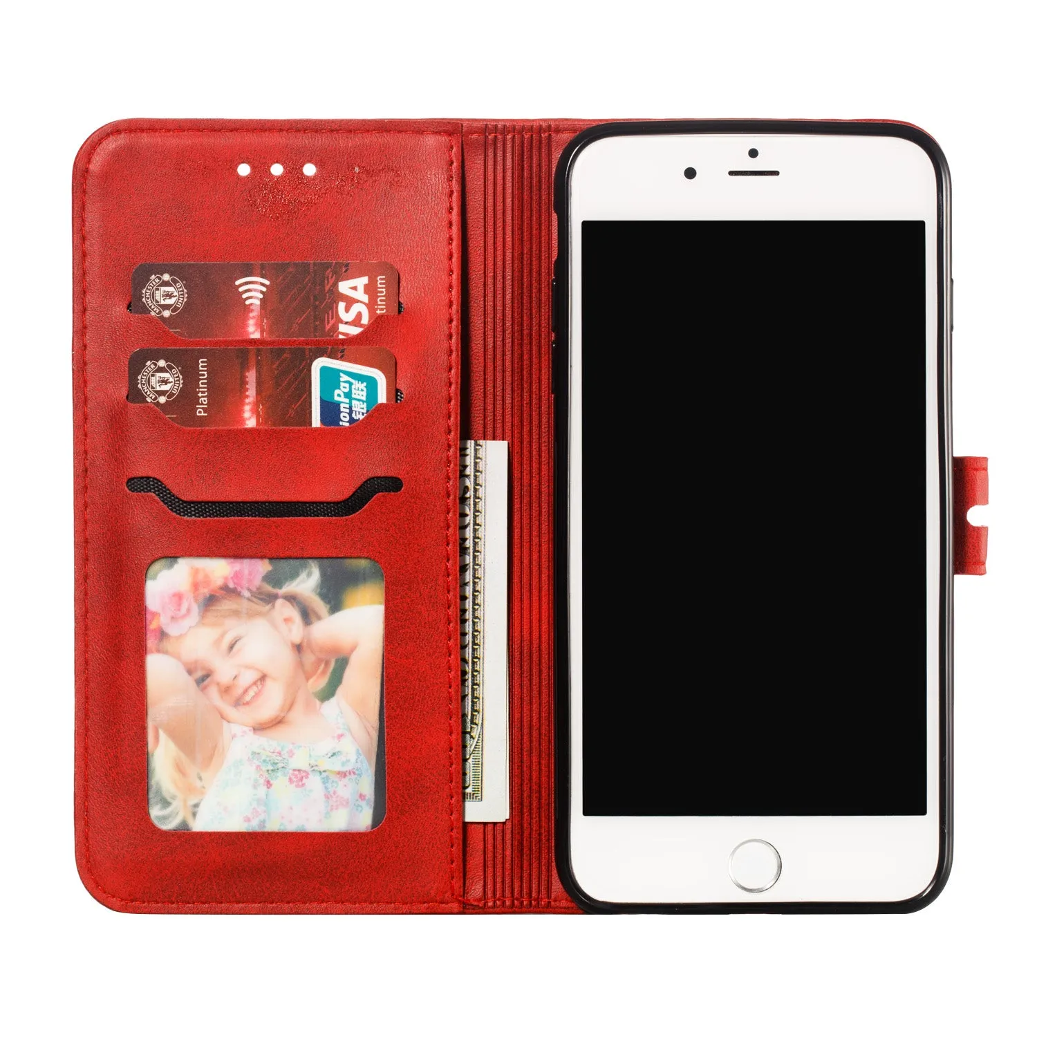 For iPhone 6 plus/6S plus/7 plus/8 plus Wallet-type Cute Cartoon Embossed Happy Cat PU Leather Protective Phone Case with Buckle & Bracket red