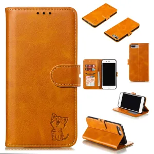 For iPhone 6 plus/6S plus/7 plus/8 plus Wallet-type Cute Cartoon Embossed Happy Cat PU Leather Protective Phone Case with Buckle & Bracket yellow