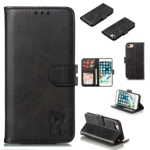 For iPhone 6/6S/7/8 Wallet-type Cute Cartoon Embossed Happy Cat PU Leather Protective Phone Case with Buckle & Bracket black