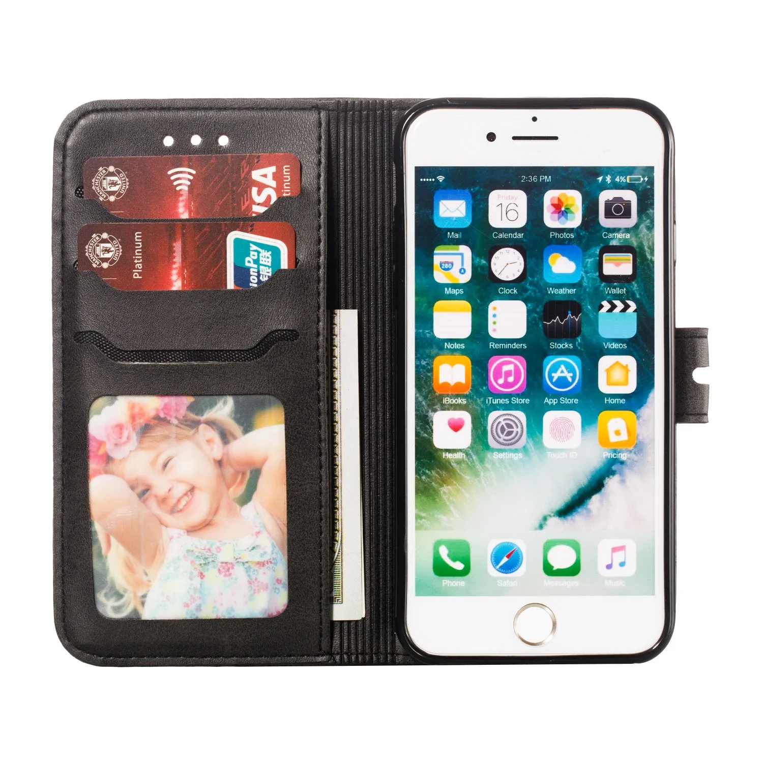 For iPhone 6/6S/7/8 Wallet-type Cute Cartoon Embossed Happy Cat PU Leather Protective Phone Case with Buckle & Bracket black