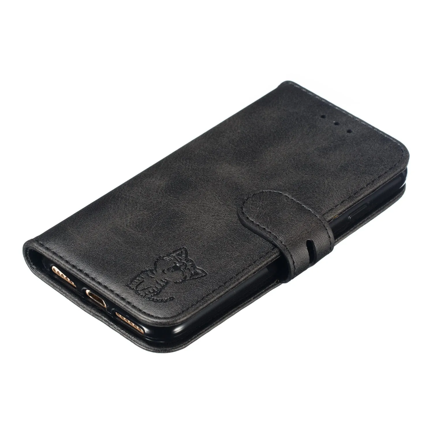 For iPhone 6/6S/7/8 Wallet-type Cute Cartoon Embossed Happy Cat PU Leather Protective Phone Case with Buckle & Bracket black