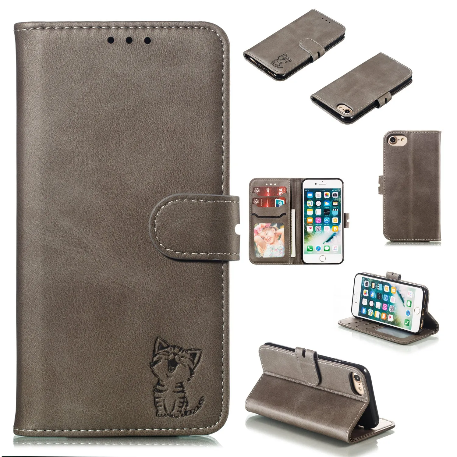 For iPhone 6/6S/7/8 Wallet-type Cute Cartoon Embossed Happy Cat PU Leather Protective Phone Case with Buckle & Bracket gray
