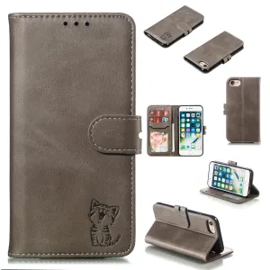 For iPhone 6/6S/7/8 Wallet-type Cute Cartoon Embossed Happy Cat PU Leather Protective Phone Case with Buckle & Bracket gray