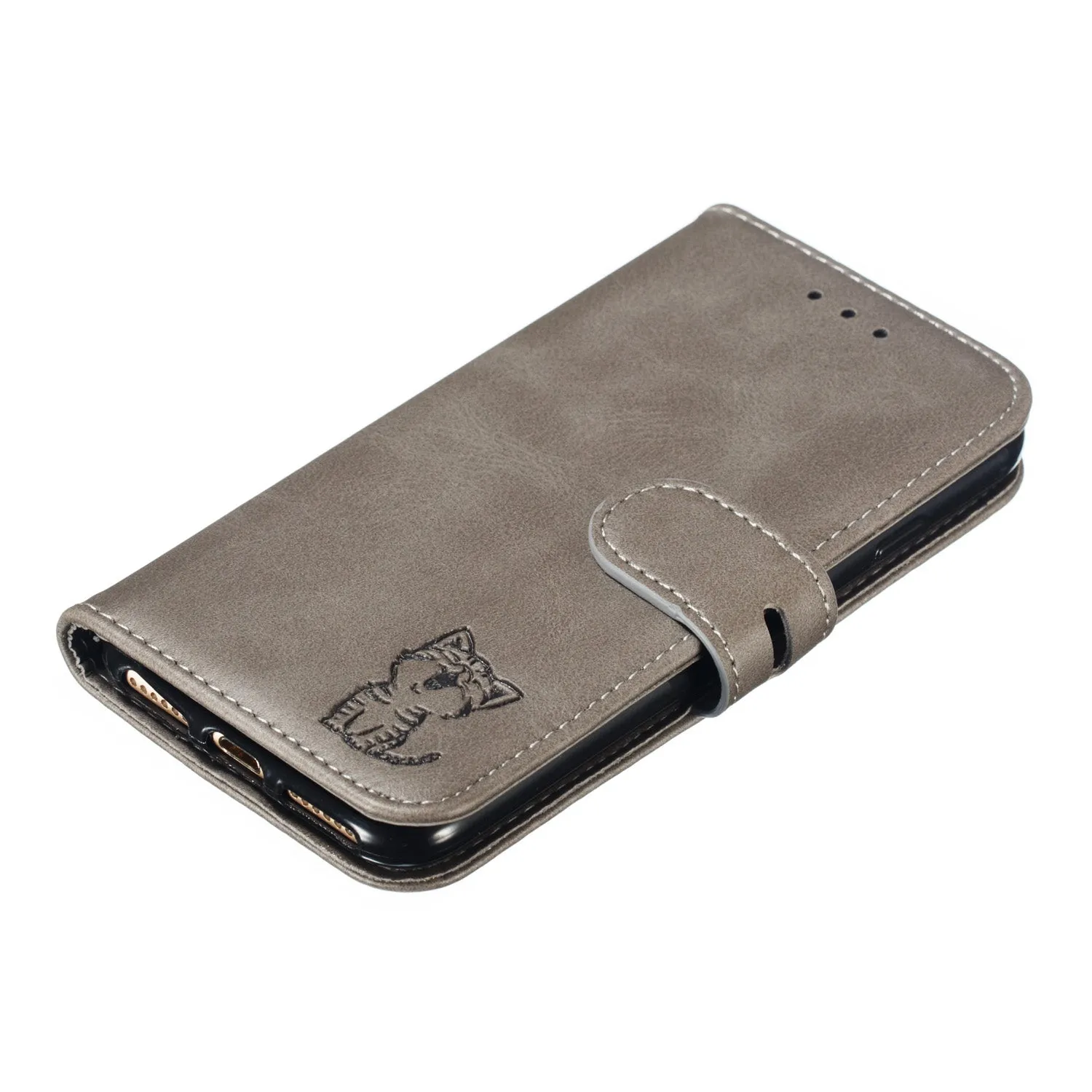For iPhone 6/6S/7/8 Wallet-type Cute Cartoon Embossed Happy Cat PU Leather Protective Phone Case with Buckle & Bracket gray