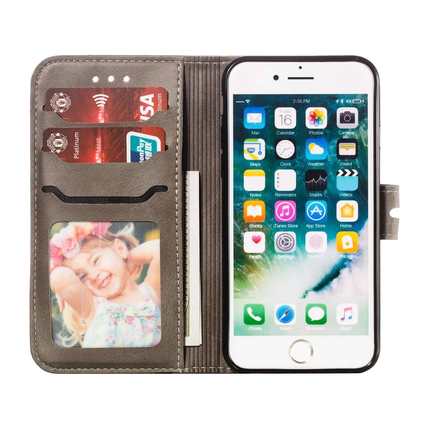 For iPhone 6/6S/7/8 Wallet-type Cute Cartoon Embossed Happy Cat PU Leather Protective Phone Case with Buckle & Bracket gray