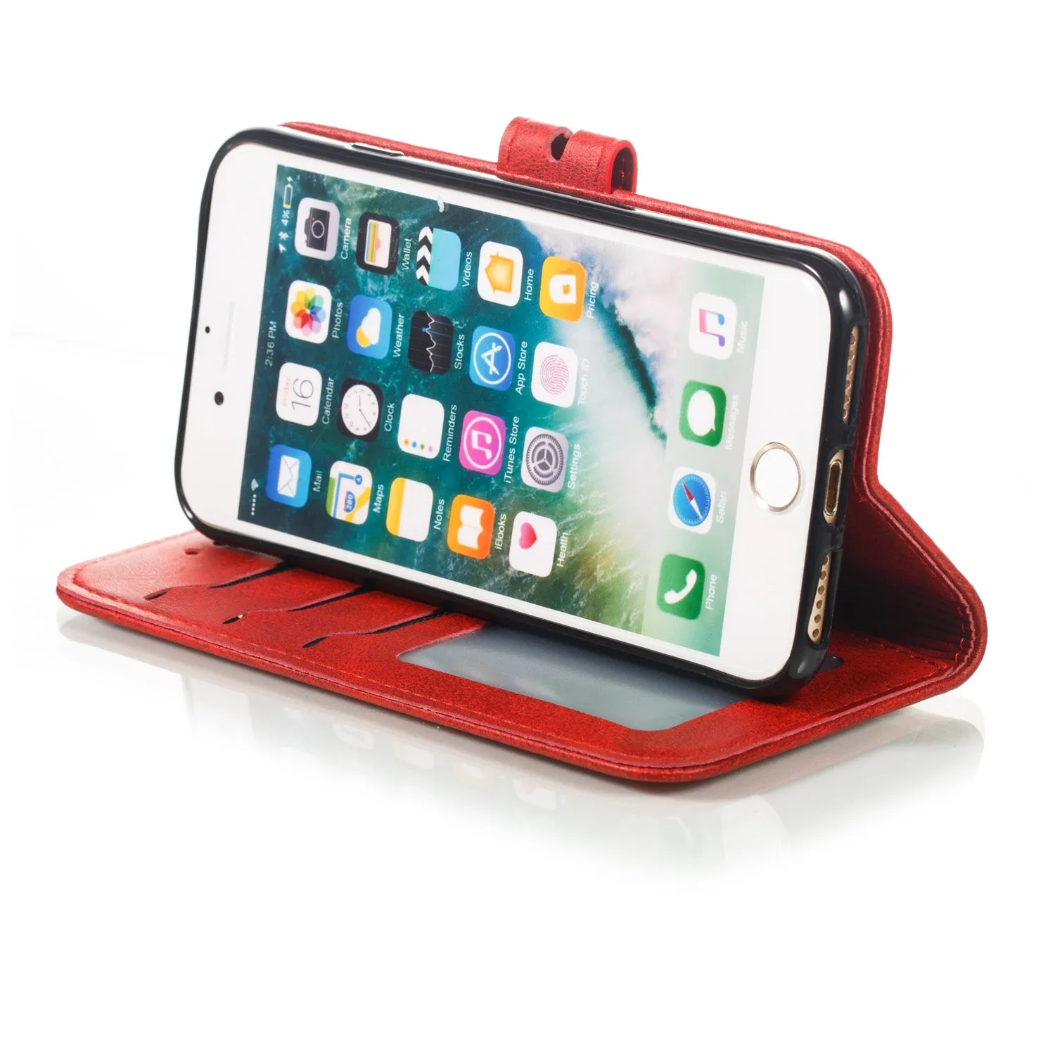 For iPhone 6/6S/7/8 Wallet-type Cute Cartoon Embossed Happy Cat PU Leather Protective Phone Case with Buckle & Bracket red
