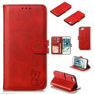 For iPhone 6/6S/7/8 Wallet-type Cute Cartoon Embossed Happy Cat PU Leather Protective Phone Case with Buckle & Bracket red