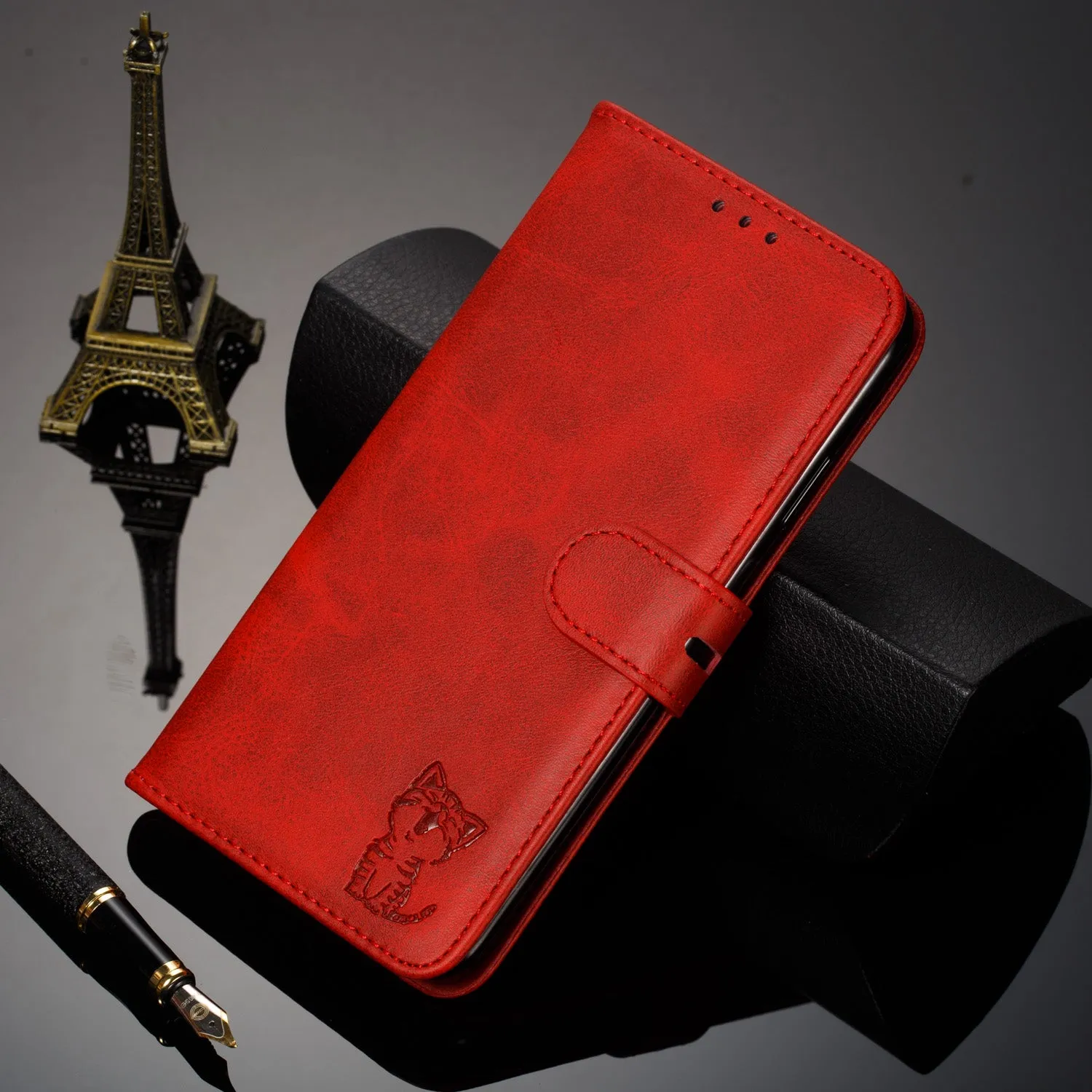 For iPhone 6/6S/7/8 Wallet-type Cute Cartoon Embossed Happy Cat PU Leather Protective Phone Case with Buckle & Bracket red