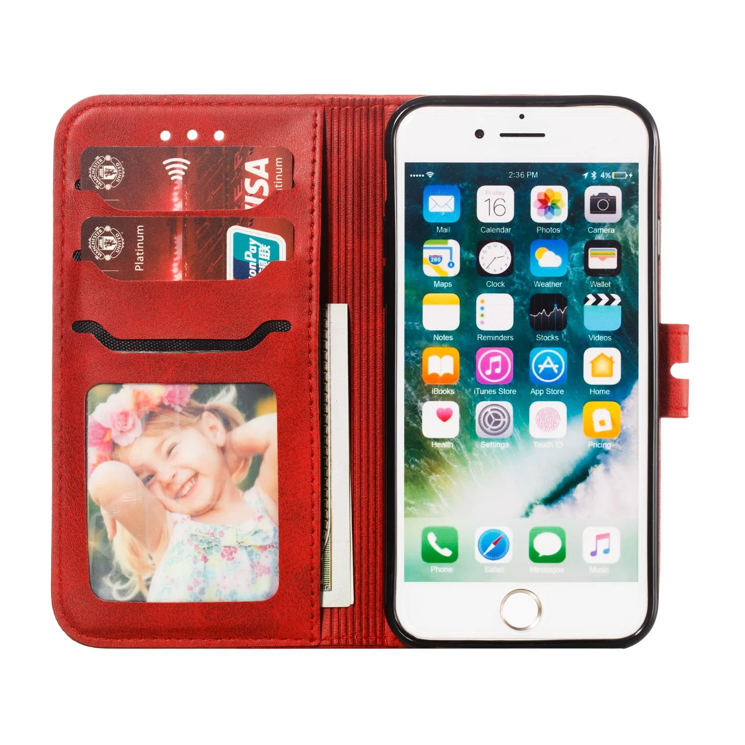 For iPhone 6/6S/7/8 Wallet-type Cute Cartoon Embossed Happy Cat PU Leather Protective Phone Case with Buckle & Bracket red