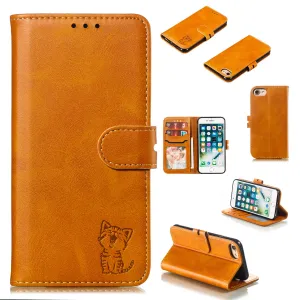 For iPhone 6/6S/7/8 Wallet-type Cute Cartoon Embossed Happy Cat PU Leather Protective Phone Case with Buckle & Bracket yellow