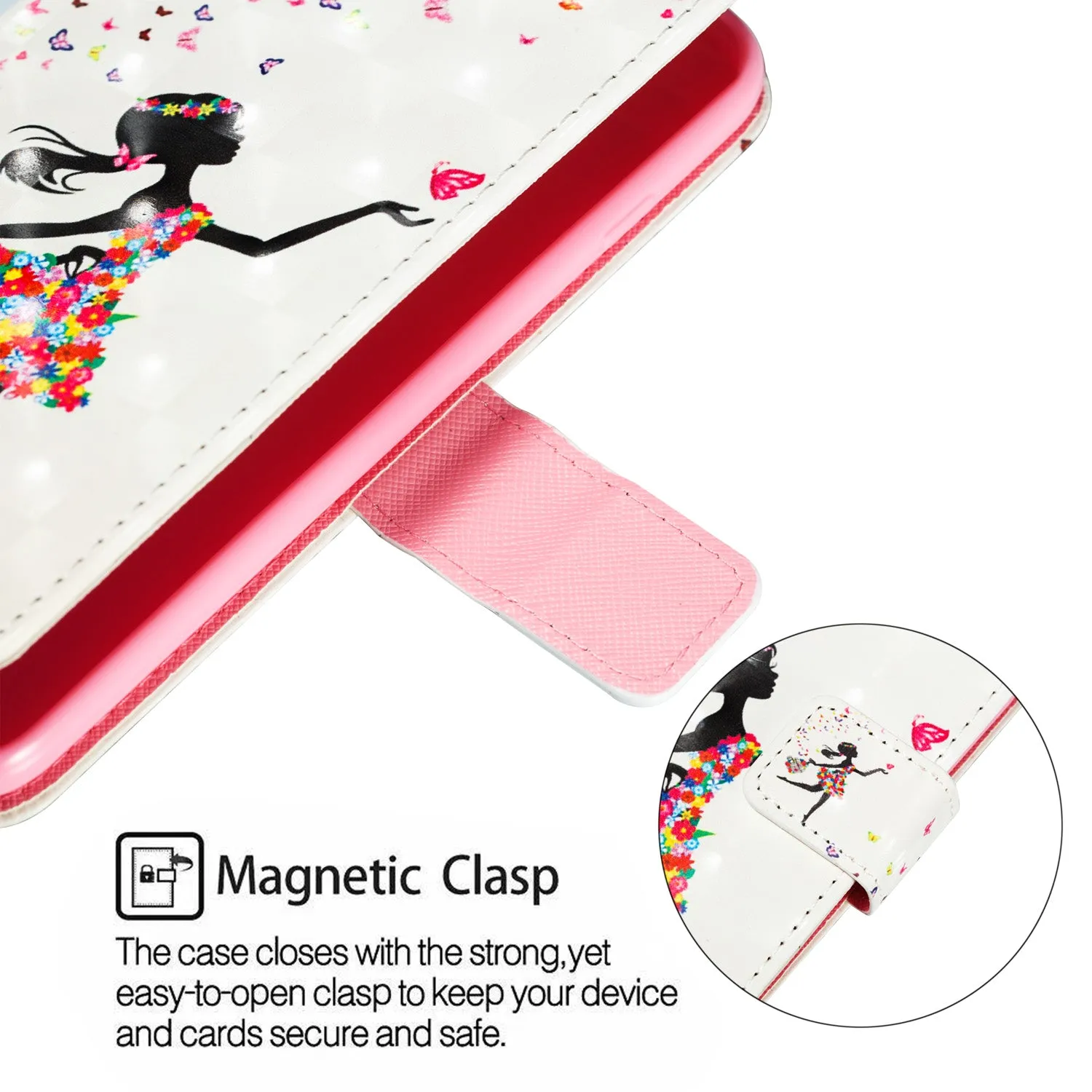 For Samsung J4 /J4 PLUS Cool 3D Coloured Painted PU Magnetic Clasp Wallet Phone Case with Bracket Lanyard Black girl
