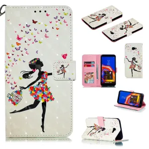 For Samsung J4 /J4 PLUS Cool 3D Coloured Painted PU Magnetic Clasp Wallet Phone Case with Bracket Lanyard Black girl
