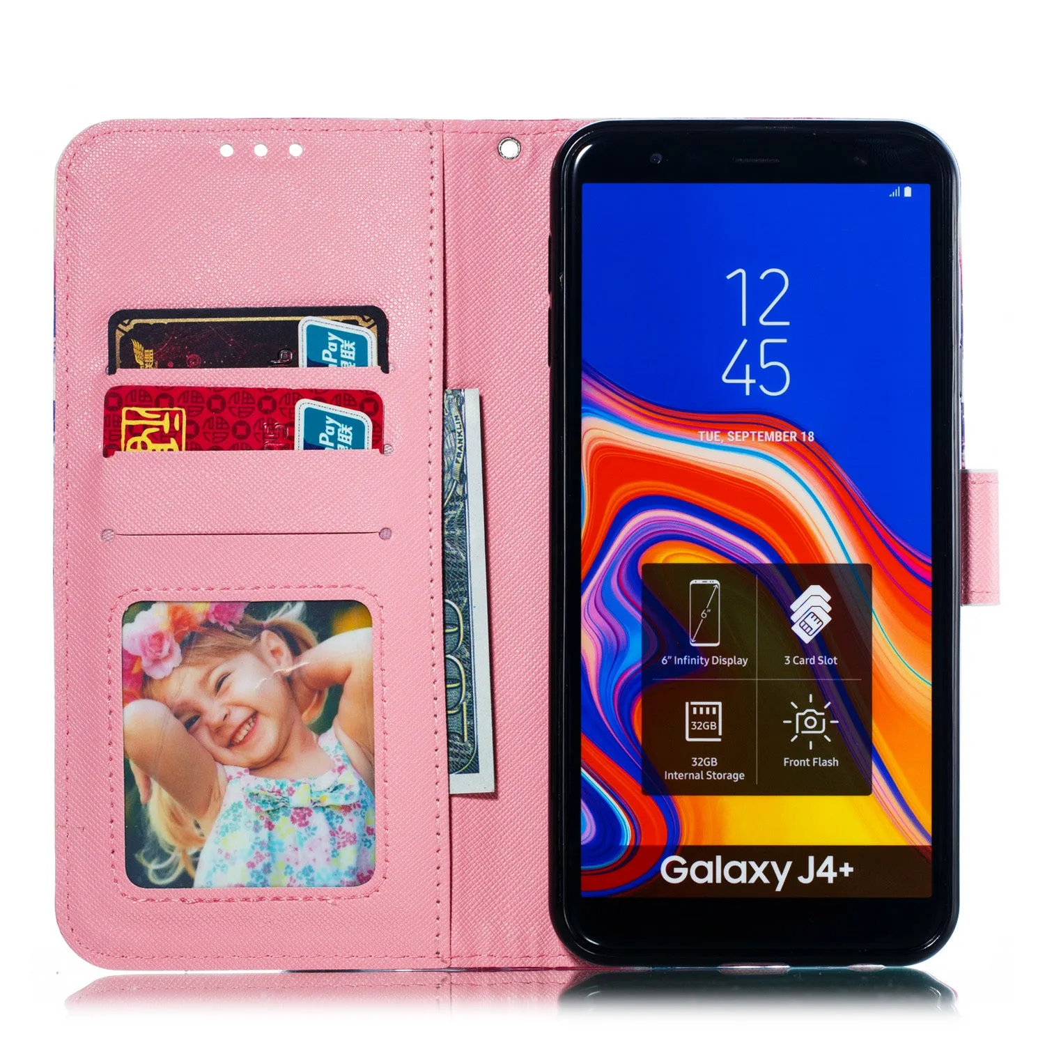 For Samsung J4 /J4 PLUS Cool 3D Coloured Painted PU Magnetic Clasp Wallet Phone Case with Bracket Lanyard Black girl