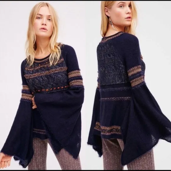 Free People Craft Time Boho Sweater Long Bell Sleeve Crew Neck Navy-Blue Sz.S