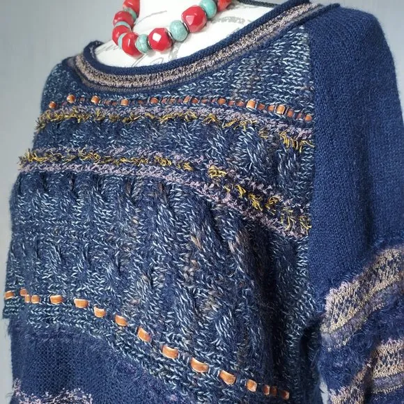 Free People Craft Time Boho Sweater Long Bell Sleeve Crew Neck Navy-Blue Sz.S