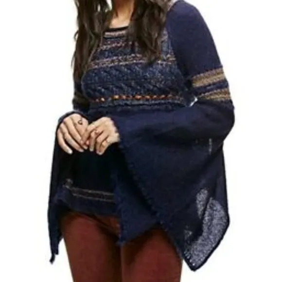 Free People Craft Time Boho Sweater Long Bell Sleeve Crew Neck Navy-Blue Sz.S