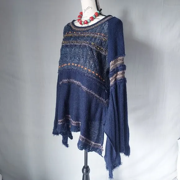 Free People Craft Time Boho Sweater Long Bell Sleeve Crew Neck Navy-Blue Sz.S
