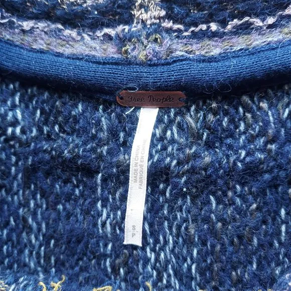 Free People Craft Time Boho Sweater Long Bell Sleeve Crew Neck Navy-Blue Sz.S