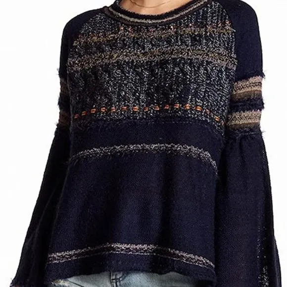Free People Craft Time Boho Sweater Long Bell Sleeve Crew Neck Navy-Blue Sz.S