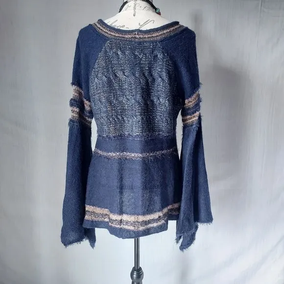 Free People Craft Time Boho Sweater Long Bell Sleeve Crew Neck Navy-Blue Sz.S