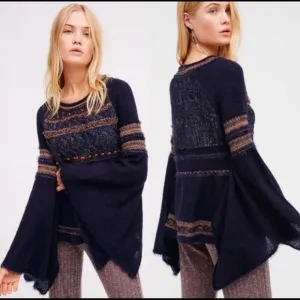 Free People Craft Time Boho Sweater Long Bell Sleeve Crew Neck Navy-Blue Sz.S