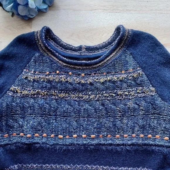 Free People Craft Time Boho Sweater Long Bell Sleeve Crew Neck Navy-Blue Sz.S