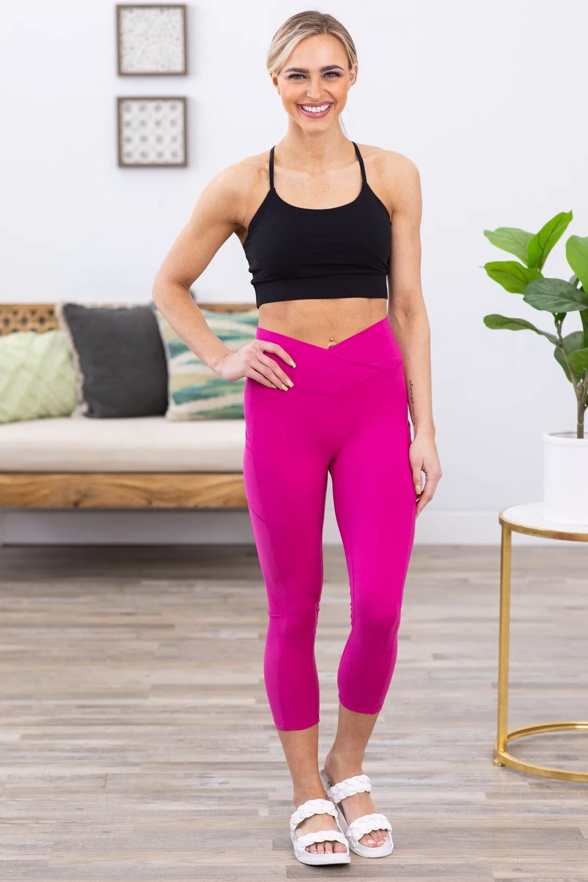Fuchsia Crossover Waist Side Pocket Leggings