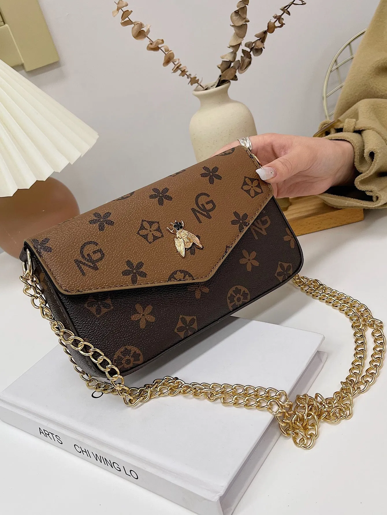 Geo Graphic Flap Baguette Bag - Coffee Brown