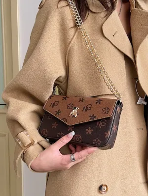 Geo Graphic Flap Baguette Bag - Coffee Brown