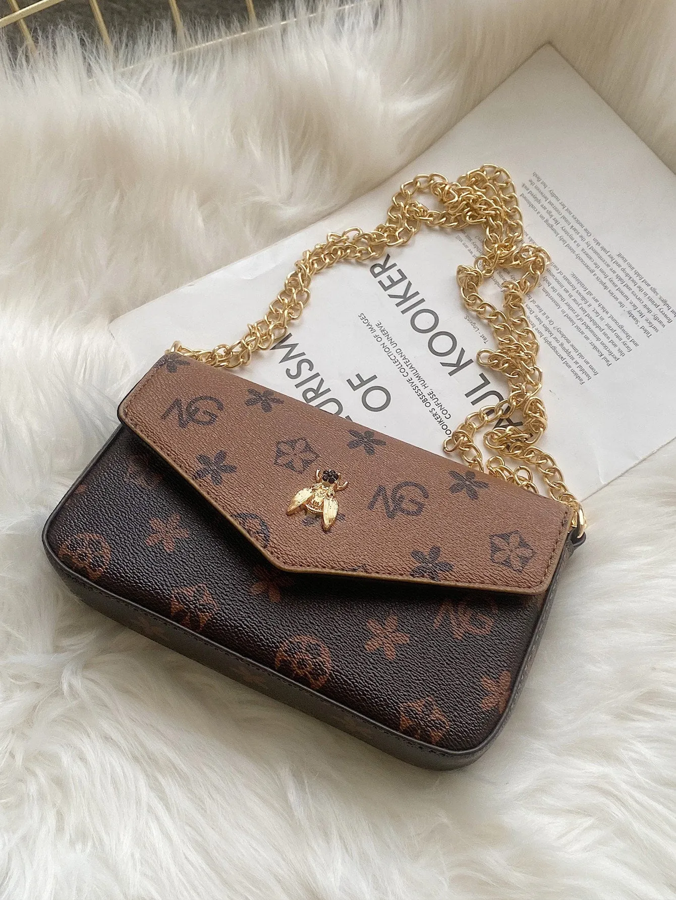 Geo Graphic Flap Baguette Bag - Coffee Brown